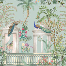 Garden Arch, Peacock, Plant And Bird Vector Illustration Seamless Pattern
