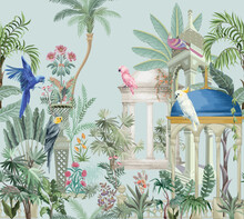 Mughal Eastern Garden Arch, Palace, Bird, Parrot Illustration Pattern