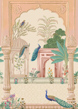 Mughal Traditional Garden, Arch, Peacock, Bird, Plant Illustration For Wallpaper