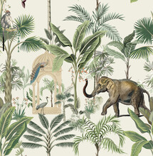 Mughal Traditional Garden, Elephant Ride, Caravan. Traditional Tropical Seamless Pattern Vector