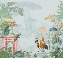 Traditional Mughal Emperor Riding Horse In A Garden Vector Illustration Pattern For Wallpaper