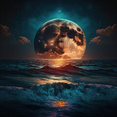 illustration magical moon rise on the ocean made with generative ai
