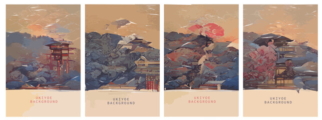Set of Japanese background. Ukiyoe traditional illustration of landscape, mountains, pagoda, Sakura.