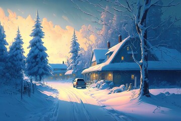 Wall Mural - illustration of rural village in winter season, snow covered everything