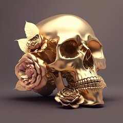 illustration of iron skull sculpture with pink rose on black background