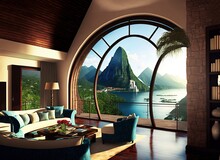 Illustration Of Beautiful Seascape View From Balcony Of Hotel Or House That Has Round Big Window, At Living Room 