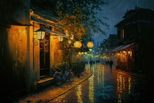 Oil Painting Style Illustration Of Town Landscape In Night Time, Ha Noi, Vietnam