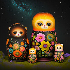 Ornamental Matryoshka Russian Dolls with luminous flourescent patterns