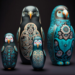 Ornamental Matryoshka Russian Dolls with luminous flourescent patterns