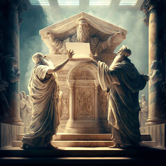 Sticker - Moses and Joshua taking an oath for the Ark of the Covenant. Created with Generative AI technology.