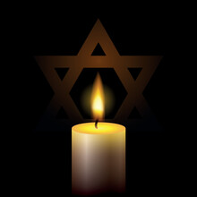 International Holocaust Remembrance Day. One Burning Candle And Star Of David On Black Background. EPS10 Vector.