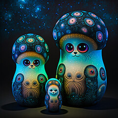 Ornamental Matryoshka Russian Dolls with luminous flourescent patterns