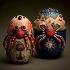 Ornamental Matryoshka Russian Dolls with luminous flourescent patterns