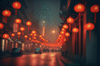 canvas print picture - Illustration roter Laternen bei Nacht die in den Straßen einer Großstadt in China hängen als Symbol für das chinesische Neujahrsfest, Laternenfest 