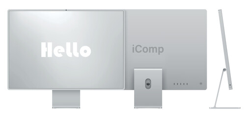 Poster - computer display silver color with colorful screen front, back and side view isolated on white background. realistic and detailed mockup of monitor for system unit. vector illustration