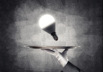 Wall Mural - Hand of waitress presenting lightbulb on tray.