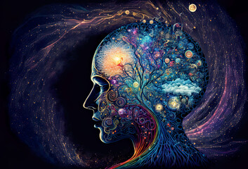 Wall Mural - meditation activates chakra, third eye and pineal gland. connection to the universe, being one with 