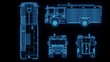 © KengVit14 - 3d rendering illustration fire truck Fire engine blueprint glowing neon hologram futuristic show technology security danger emergency for premium product business finance