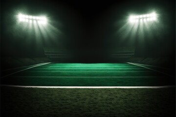 Green Football Field With Two Large Stadium Lights On It Generative AI