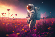 Astronaut In Field Of Flowers Exploring Unknown Planet Location At Sunset.  
Digitally Generated AI Image