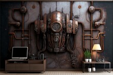 Futuristic Biomechanical Sci-fi Interior With Texture Wall And Plants