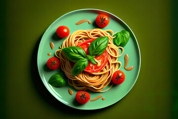 Spaghetti with tomato and basil on green diet food