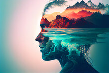 Double Exposure Of Profile Portrait Of A Man. The Combination Of Man And Nature, Trees, Mountains, Rivers. Gen Art