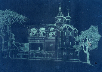 Vintage Christmas night landscape. Hand drawn landscape with the monastery bell tower in tradition ancient architectural Russian style with onion shape domes 