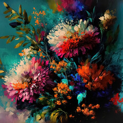 Poster - Still life painting with abstract colorful flowers, modern impressionism style