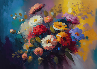 Wall Mural - Still life painting with abstract colorful flowers, modern impressionism style