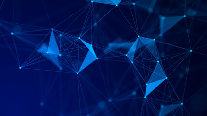 Poster - The distribution of triangular shapes in space. Network connection structure. Big data digital background. 3D rendering.