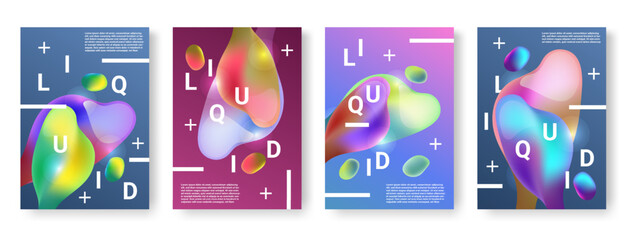 Aufkleber - Gradient shapes banners. Abstract background, liquid shapes posters collection. 3d fluid elements, cool tech minimal space, future trendy cards, multicolor drops. Vector graphic design set