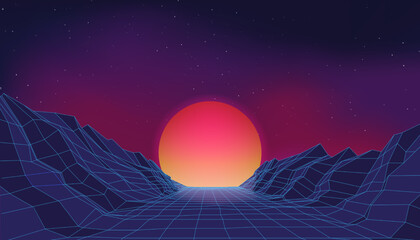 Aufkleber - Retro neon synthwave, arcade game background. Techno mountain landscape with retro wave future space wallpaper. Bright sun and dark poster. Digital pattern. Vector futuristic illustration
