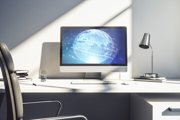 Poster - Modern computer screen with abstract graphic coding sketch and world map, big data and networking concept. 3D Rendering