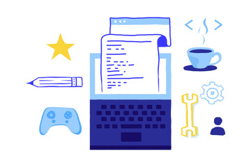 Leinwandbilder - Game development concept. Doodle VR gaming and game mechanics, trendy flat objects. Laptop and joystick. Programmers signs. Freelance occupation. Vector 3d video games scribble style set