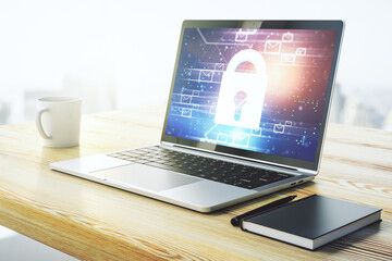 Poster - Creative light lock illustration with postal envelopes on modern computer monitor, cyber security and email protection concept. 3D Rendering