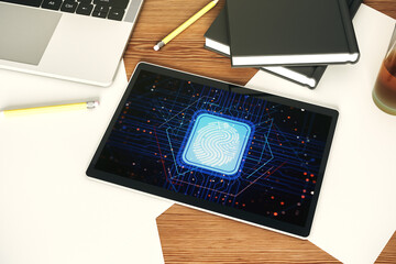 Poster - Abstract creative fingerprint illustration on modern digital tablet monitor, digital access concept. Top view. 3D Rendering
