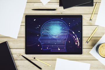 Poster - Top view of modern digital tablet monitor with creative artificial Intelligence symbol. Neural networks and machine learning concept. 3D Rendering