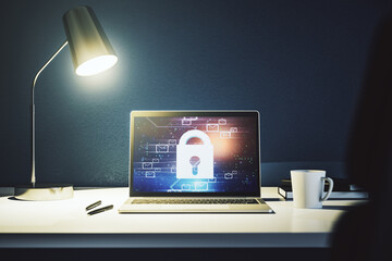 Poster - Creative lock sketch with email symbols hologram on modern laptop monitor, protection of personal data concept. 3D Rendering