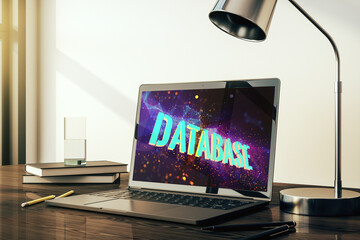Poster - Modern computer screen with Database word sign, global research and analytics concept. 3D Rendering