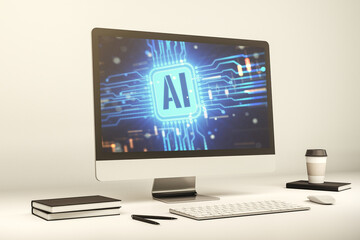 Poster - Modern computer monitor with creative artificial Intelligence icon. Neural networks and machine learning concept. 3D Rendering