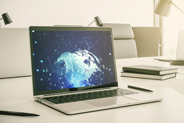 Fototapete - Abstract creative coding illustration with world map on modern computer monitor, international software development concept. 3D Rendering