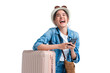 © whyframeshot - ready to travel ,asian smiling cheerful female woman hand using smartphone check flight schedule pull luggage bag prepare to new abroad journey travel studio shot on white background