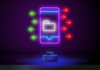 Wall Mural - Neon Icon. Smartphone with downloaded file in cartoon style. Smartphone screen. Phone icon vector.