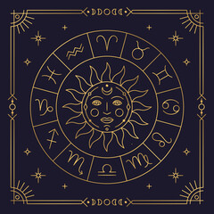 astrology horoscope circle with golden stylized zodiac signs. horoscope calendar with zodiac symbols