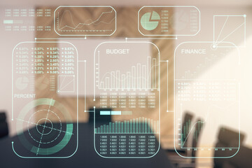 Poster - Double exposure of abstract virtual statistics data hologram on a modern meeting room background, statistics and analytics concept