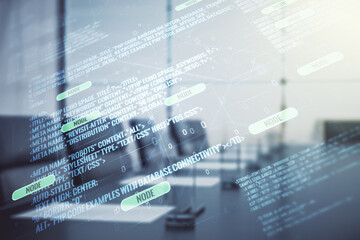 Poster - Double exposure of abstract programming language interface on a modern meeting room background, research and development concept