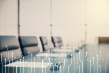 Poster - Abstract virtual micro circuit sketch on a modern boardroom background, future technology and AI concept. Double exposure