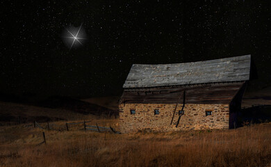 Wall Mural - old barn on christmas eve with a bright star above