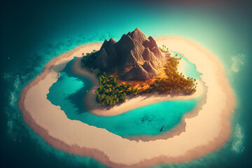 mountain island with sandy beach, mountains, trees and a lagoon. Generative AI